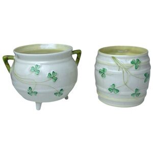 Vintage Belleek Irish Porcelain Shamrock Cauldron Sugar Pot & Barrel Jar Marked